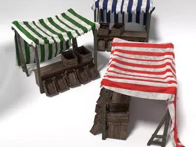 Medieval Market Stall Tent Set Collection 3D Model with Crates Low-poly 3D model