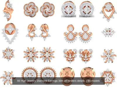 93 High Jewelry Diamond Earrings 3dm stl renders details  3D Model Pack