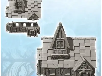 Medieval half-timbered house with large roof and floor 1 - Medie 3D print model
