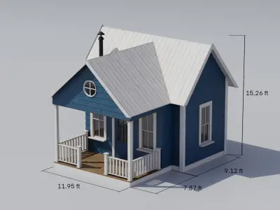 A white and blue wooden tiny house with a small porch Low-poly 3D model