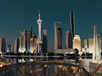 Shanghai Pudong Skyline Night Lujiazui Skyscrapers Low-poly 3D model