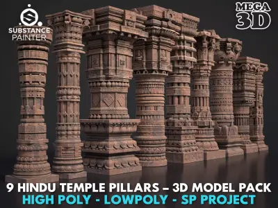 9 Hindu Temple Pillars 3D Pack 250828 Low-poly 3D model