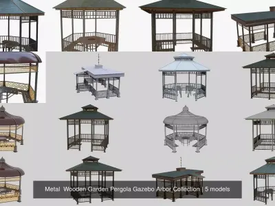 Metal  Wooden Garden Pergola Gazebo Arbor Collection 3D Model Pack