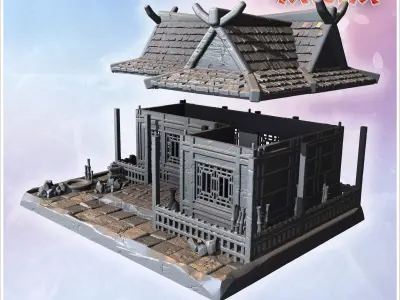 Double house with tiled roofs wooden lattice windows and stone p 3D print model