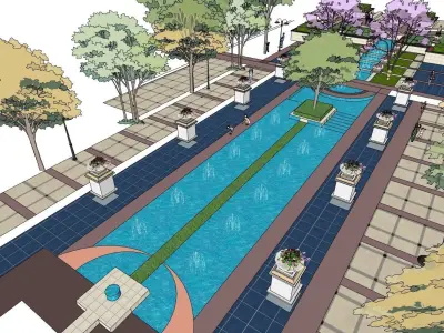 pool outdoor along with big planters and paved area 3D model