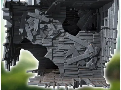 Partially destroyed wooden house with broken beams missing roof  3D print model
