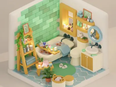 Isometric Cozy Stylized Bathroom Design for Unity Low-poly Game Low-poly 3D model