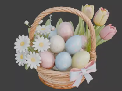 3D WOODEN EASTER BASKET WITH  EGGS AND SPRING FLOWERS V01 Low-poly 3D model