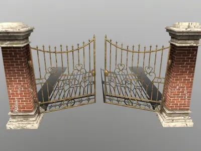 wall set brick with iron railings Low-poly 3D model