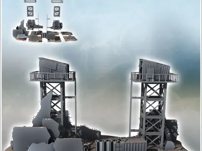 Checkpoint with double watchtowers and ruined buildings 13 3D print model