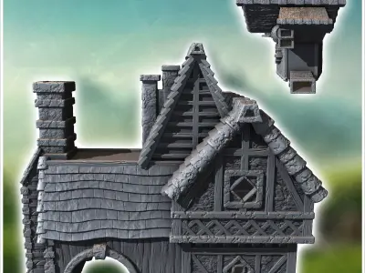 Tiled-roof medieval building with fireplace access staircase and 3D print model