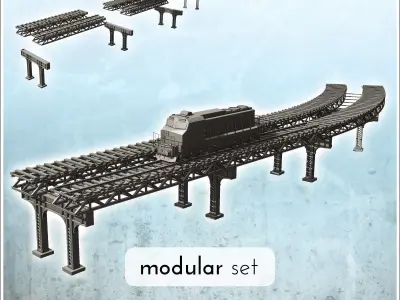 Set of elevated train tracks with modern diesel locomotive 1 - M 3D print model