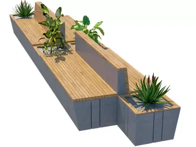 outdoor modern wood concrete bench with planter Low-poly 3D model