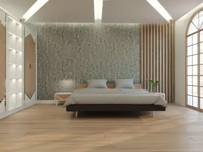 Bedroom with wooden floors and arched ceiling 3D model