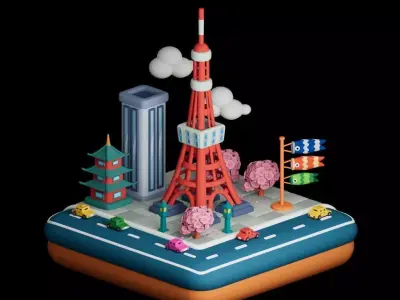 Isometric Tokyo Tower Cartoon City Low-poly 3D model
