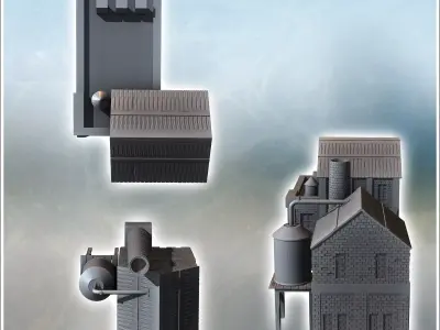 Set of two brick industrial buildings with adjacent tanks and ev 3D print model