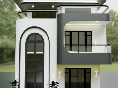 Modern Two-Story House Exterior  Night Render 3D model