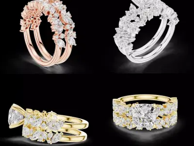 Princess Cut Floral Double Band Bridal Ring 3D print model