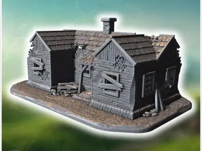 Single-story wooden house with broken windows damaged walls and  3D print model
