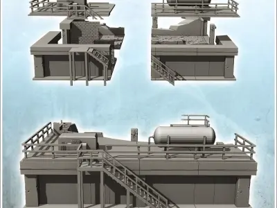 Industrial garage with rooftop annex and long antenna destroyed  3D print model