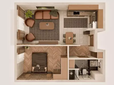 Warm Modern Apartment Interior  Blender DWG and PDF Plan Low-poly 3D model