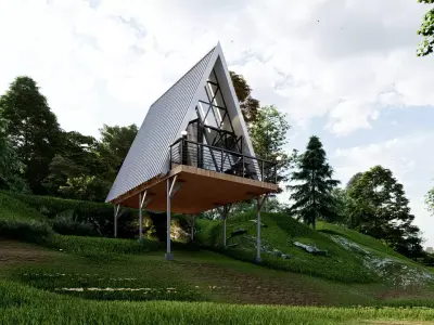 Loft A-Frame House Modern Cabin with Balcony 3D Model Low-poly 3D model