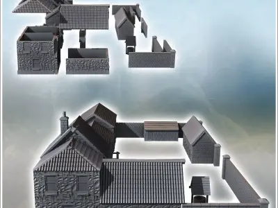 Set of rural farm with multiple buildings barn well and stone en 3D print model