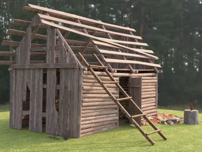 barn4 log cabin in middle of grassy field Low-poly 3D model