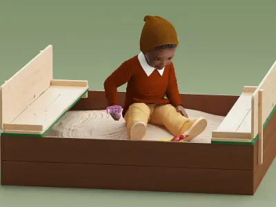  Black Skinned Toddler Boy in Sandpit Rigged 