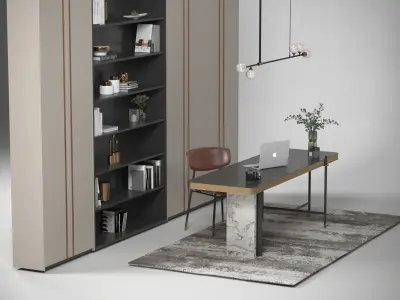 Elegant Office Desk with Bookshelf and Delicate Lighting 3D model