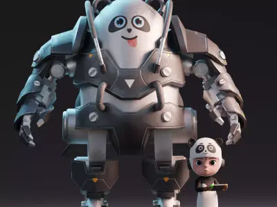 Robot Panda and Panda Kid Character 3D model