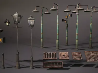 Street Lights Pack and Drain Grates Low-poly 3D model