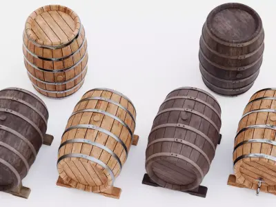 6 Wine Barrels - Oak and Dark Casks with Stands and Spigots  Low-poly 3D model