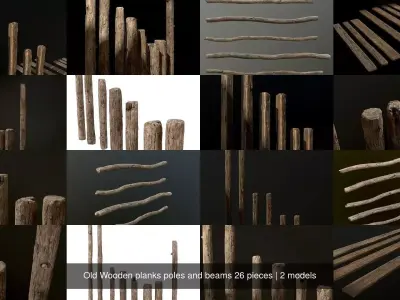 Old Wooden planks poles and beams 26 pieces 3D Model Pack