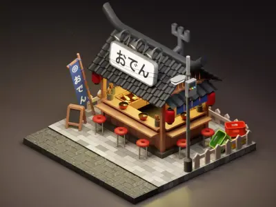 Ramen and Oden - Cartoon Game Isometric Low-poly 3D model
