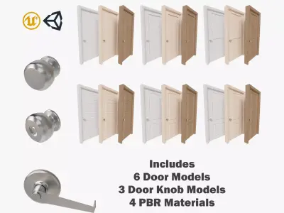 Six Interior Doors with Three Knobs Pack Low-poly 3D model