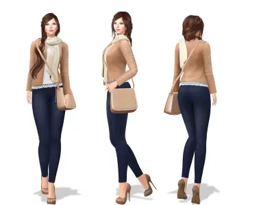 Brown Leather Jacket White Top Navy Denims Handbag Outfit Low-poly 3D model