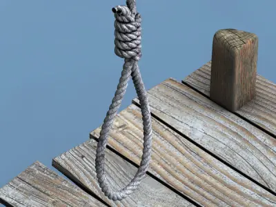 Gallows wooden platform with rope hanging from it 3D model