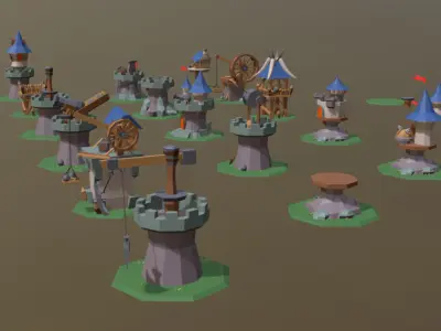 Defense Set 1 of miniature castles and towers Low-poly 3D model