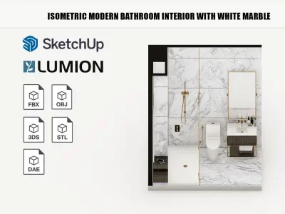 Isometric modern bathroom interior with white marble 3D model