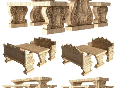 Stone Bench and Table Collection Low-poly 3D model