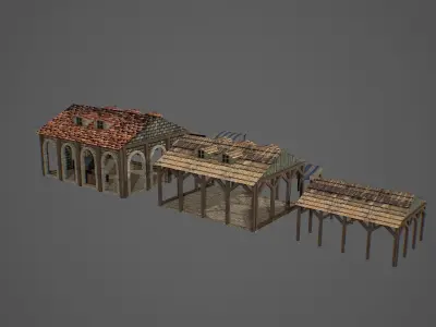 Market old building with roof Low-poly 3D model