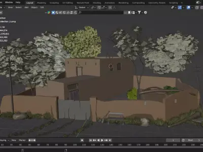 Old Rustic Village House with Farm Tools Low-poly 3D model