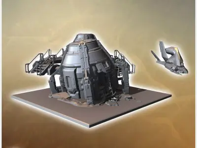 Futuristic escape pod with a satellite communication dishes on r 3D print model