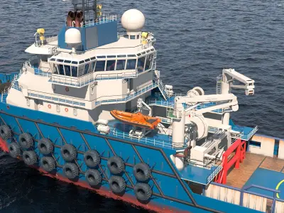  Ocean Support Vessel with Crane and Deck Winch Rigged for Maya 