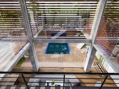 Exterior and Interior House with open water pool in courtyard 3D model