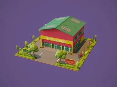 Supermarket building Low-poly 3D model