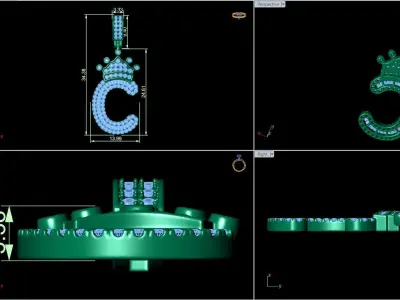 Crown Initial  C  Letter Pendant 3D print model