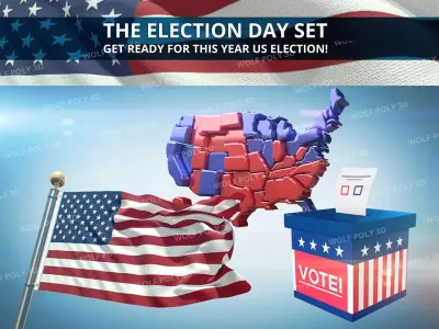 USA - Election Day Set Flag Map and Vote Box 3D model
