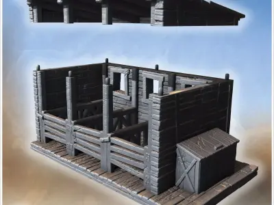 Covered wooden bridge with side rails plank flooring and adjacen 3D print model